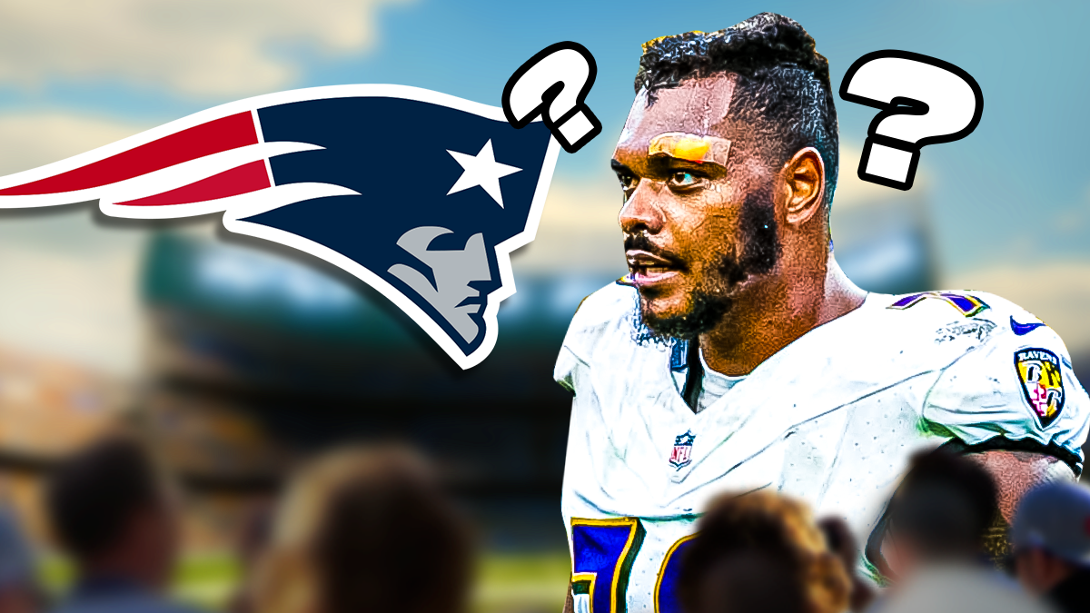 Ronnie Stanley looking confused/thinking with a Patriots logo and two question marks above his head. Background is NFL field.