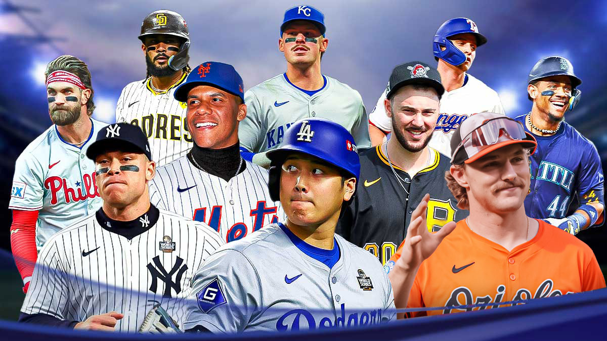 Gunnar Henderson, Aaron Judge, Shohei Ohtani, Juan Soto (Mets gear), Paul Skenes, Bobby Witt Jr., Bryce Harper, Julio Rodriguez, Fernando Tatis, Corey Seager all together.