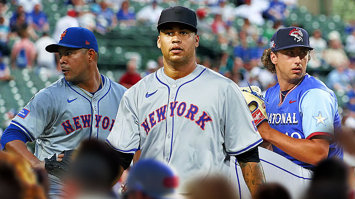 Frankie Montas with Mets front and center. Brandon Sproat behind to right. Jose Quintana behind to left