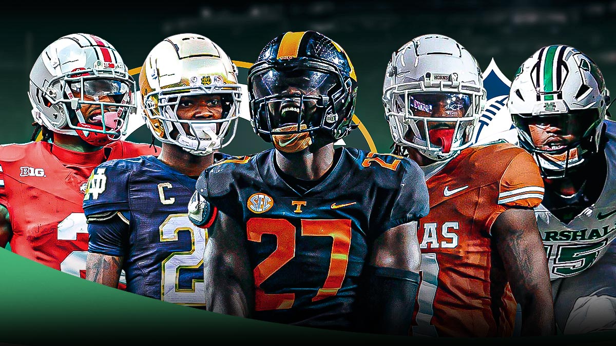 Packers logo and an NFL Draft logo in the middle with 5 players surrounding. Emeka Egbuka of Ohio State, Benjamin Morrison of Notre Dame, James Pearce Jr. of Tennessee, Jahdae Barron of Texas and Mike Green of Marshall.