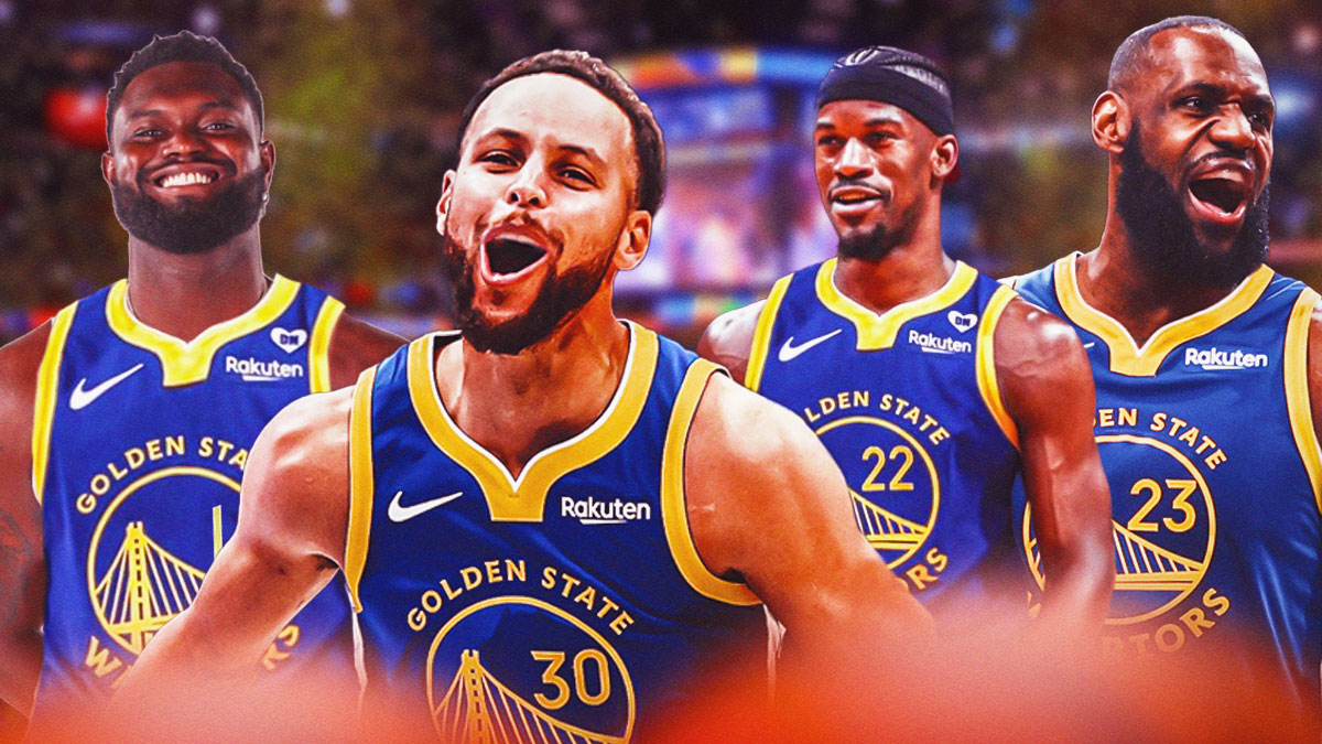 Stephen Curry in the middle. Around him are LeBron James, Jimmy Butler, Zion Williamson all photoshopped in Warriors jerseys (with their same jersey numbers).