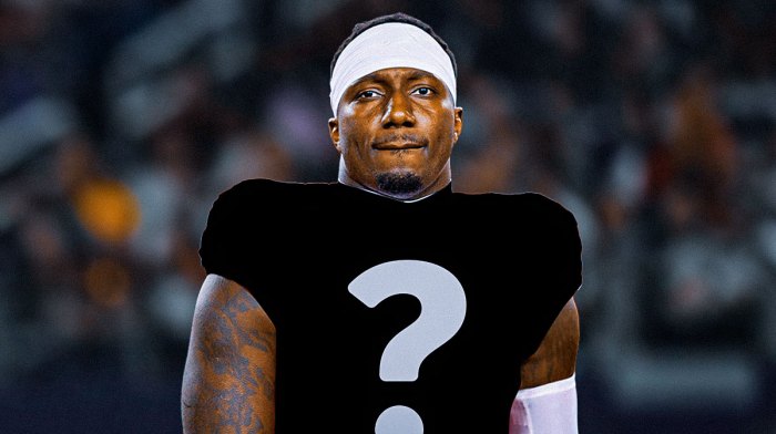 Deebo Samuel in the middle in a mystery NFL uniform, Question marks in the background