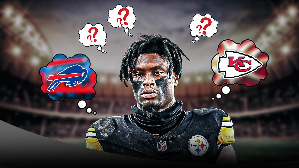 Steelers WR George Pickens looking confused/thinking with five THOUGHT BUBBLES coming from his head. Please put the Bills logo in one of the bubbles, the Chiefs logo in one, and question marks in the other three. Backround is Acrisure Stadium.