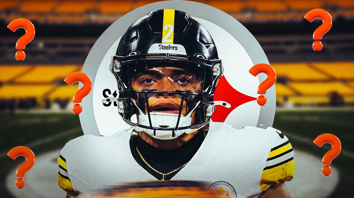 Pittsburgh Steelers QB Justin Fields surrounded by question mark emojis. There is also a logo for the Pittsburgh Steelers.