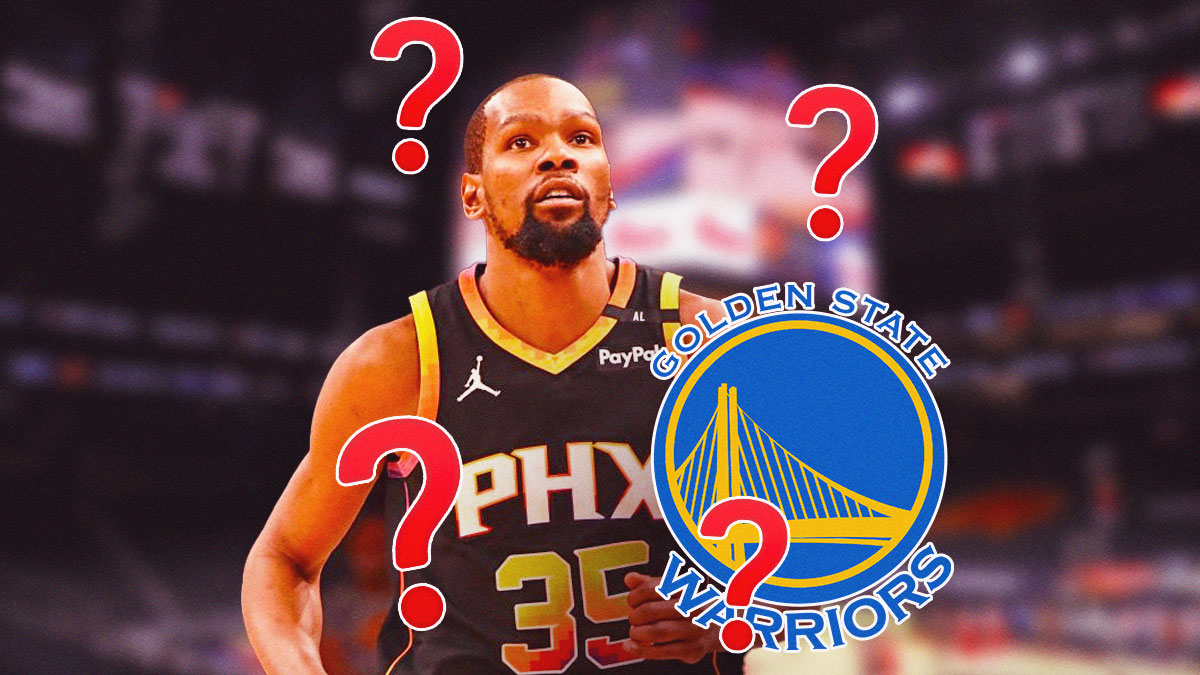 Suns' Kevin Durant with Warriors logo beside him, question marks all over