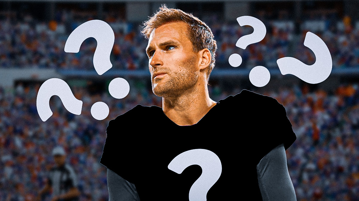 Kirk Cousins in the middle in a mystery NFL uniform, Question marks in the background
