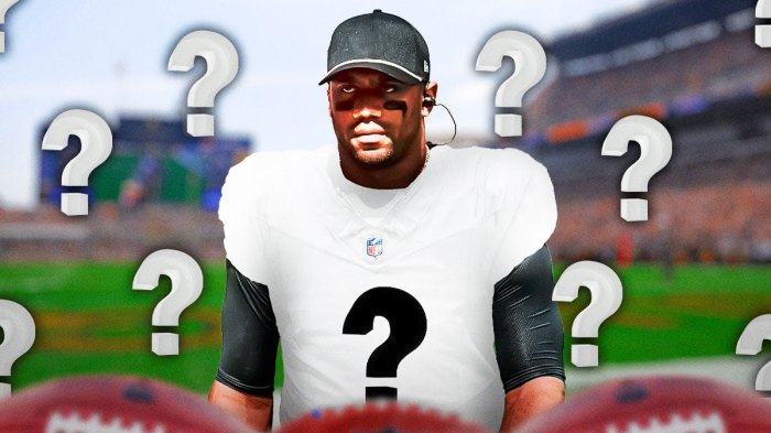 Russell Wilson in a blank white jersey with a question mark where the number would be and question marks all around.