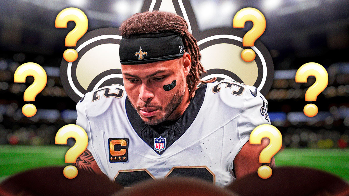 New Orleans Saints safety Tyrann Mathieu surrounded by question mark emojis. There is also a logo for the New Orleans Saints.