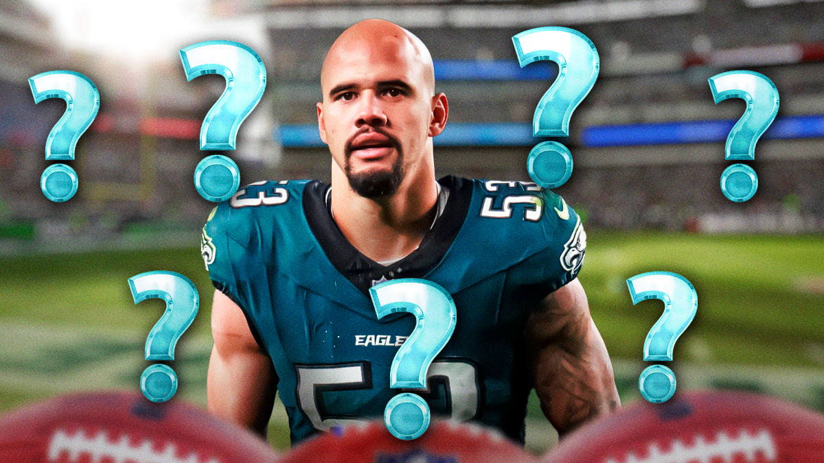 Philadelphia Eagles LB Zack Baun surrounded by question mark emojis. There is also a logo for the Philadelphia Eagles.