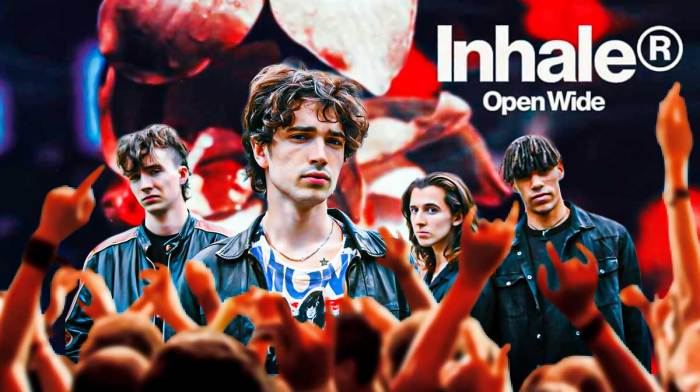 Inhaler members Robert Keating, Eli Hewson, Ryan McMahon, and Josh Jenkinson with their Open Wide album cover behind them.