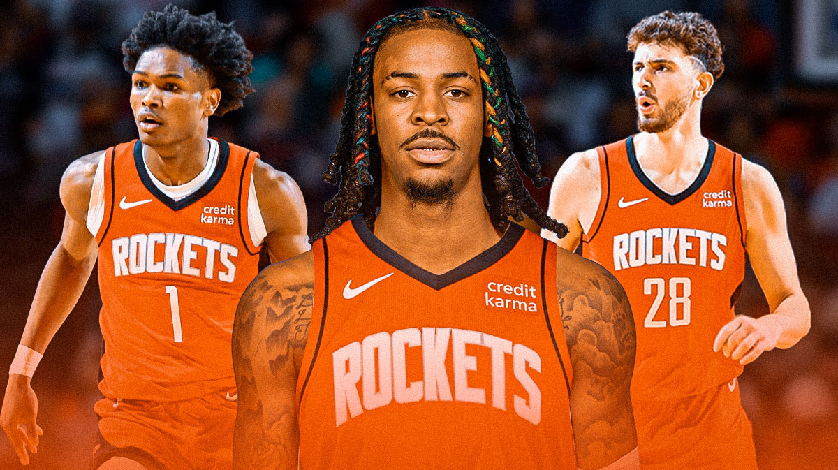 I Morant in Houston rocket jersey with Alperen Sengun and Amen Thompson