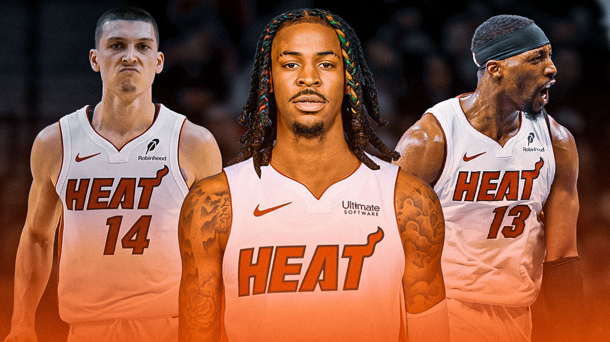 I Morant in Miami heat jersey with Tyler Herro and Bam Adebaiio