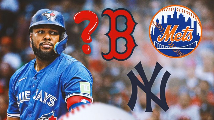 Vladimir Guerrero Jr. with Red Sox, Mets, Yankees logos. Question marks all around