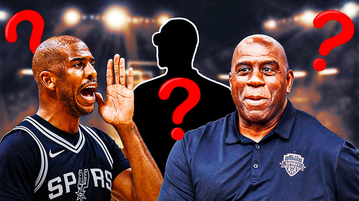 Magic Johnson and Chris Paul on either side, silhouette of Kevin Garnett in middle, 3-5 question marks, basketball court in background