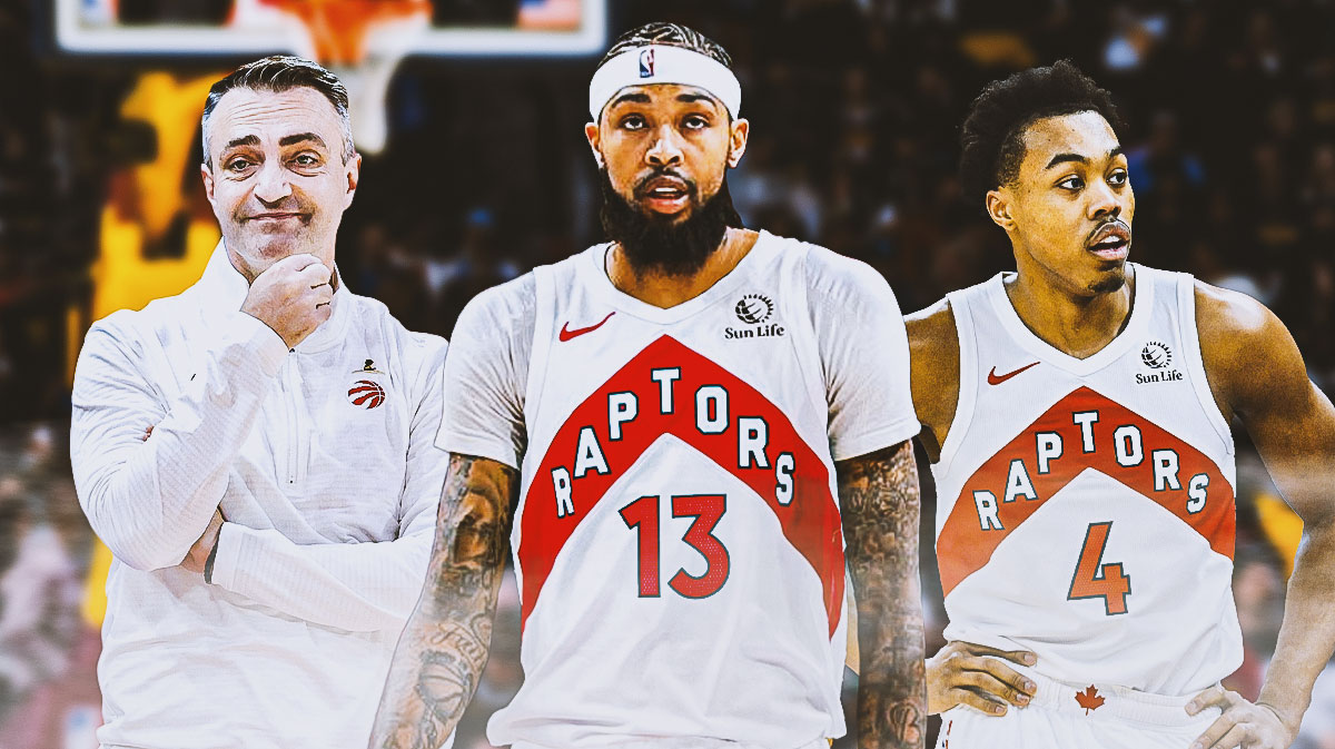 Raptors head coach Darko Rajakovic smiling, with Brandon Ingram in a Raptors jersey shooting a ball, and Scottie Barnes next to him.