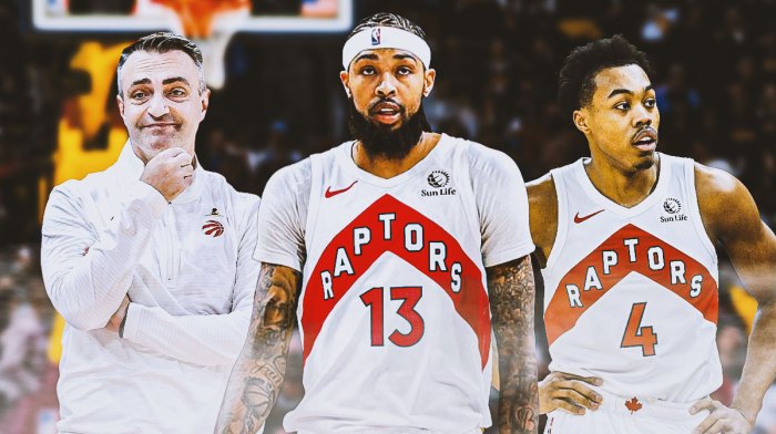 Raptors head coach Darko Rajakovic smiling, with Brandon Ingram in a Raptors jersey shooting a ball, and Scottie Barnes next to him.
