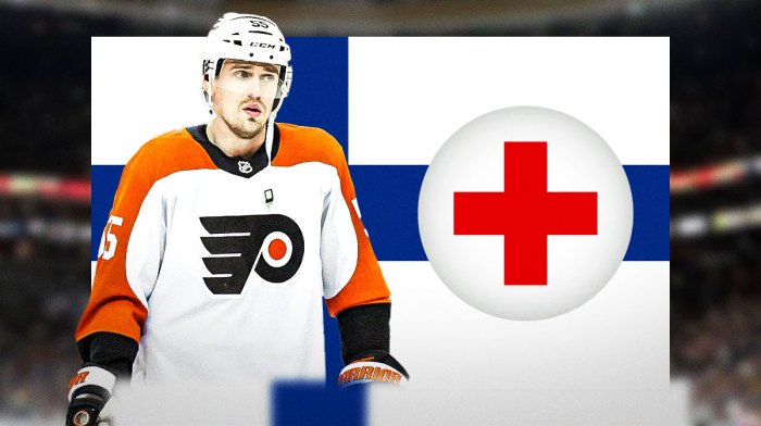 Philadelphia Flyers defenseman Rasmus Ristolainen in center, health/injury sign on right side, Finland flag on left side, TD Garden (home arena of the Boston Bruins, host of the 4 Nations Final) in background