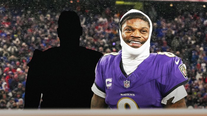 Lamar Jackson next to the blacked-out silhouette of Ronnie Stanley in front of the Ravens stadium.