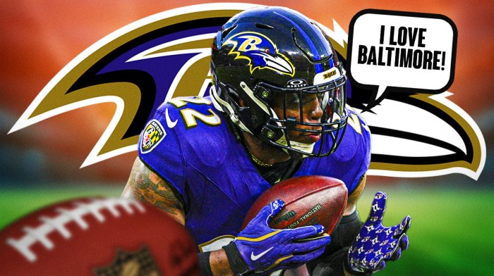 Baltimore Ravens RB Derrick Henry with a speech bubble that says "I love Baltimore!" There is also a logo for the Baltimore Ravens.