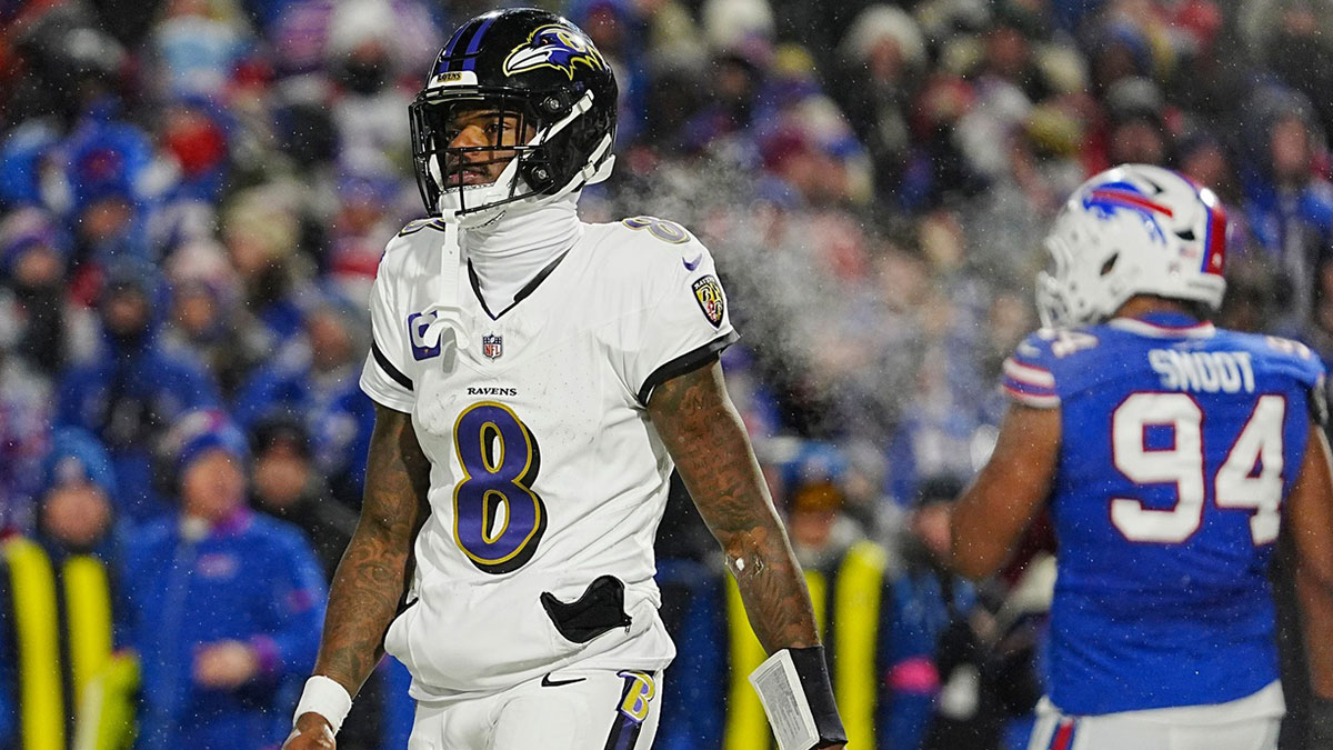 Baltimore Ravens quarterback Lamar Jackson reacts to not getting the two-point conversion attempt during second half action at the Buffalo Bills divisional game against the Baltimore Ravens at Highmark Stadium in Orchard Park on Jan. 19, 2025.