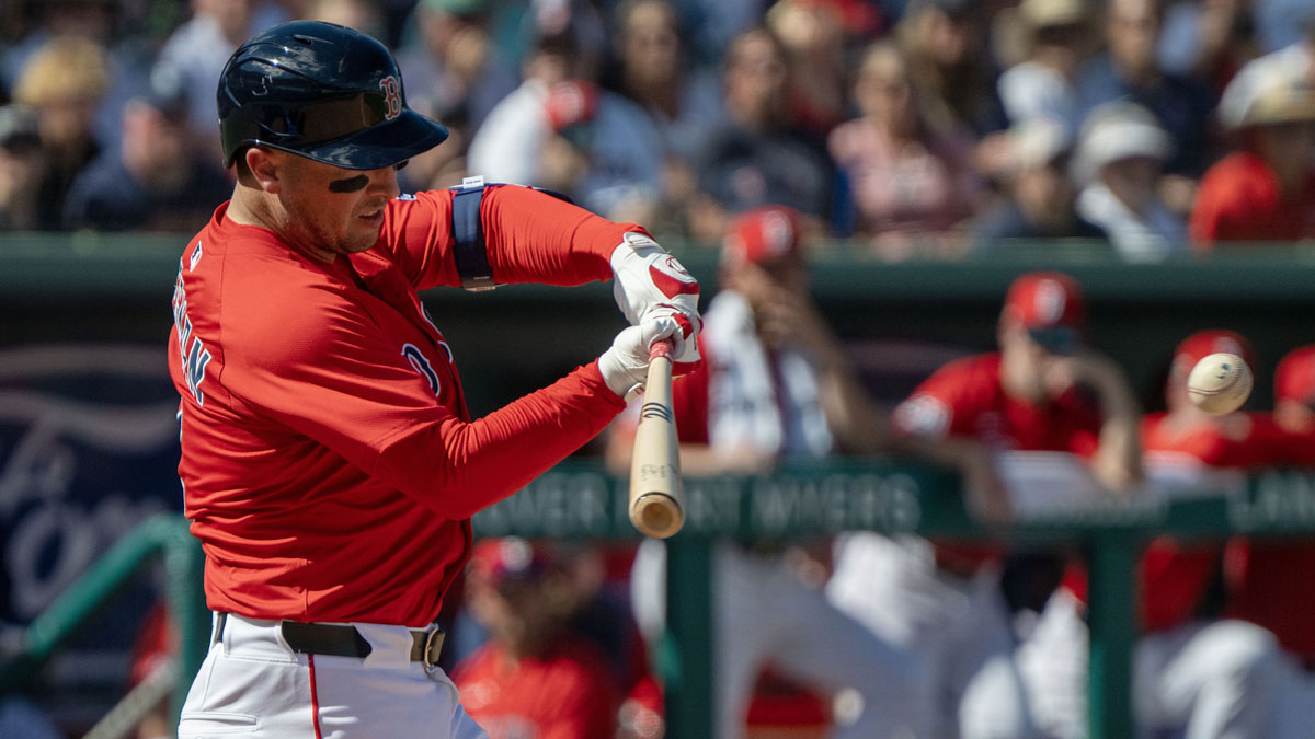 Boston Red Sox infielder Alex Bregman (2) connects with the ball for a double in the fourth inning of their game against the Toronto Blue Jays at JetBlue Park at Fenway South.