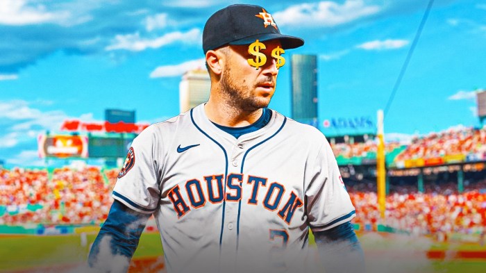 Alex Bregman with dollar signs on eyes and Fenway Park in the background