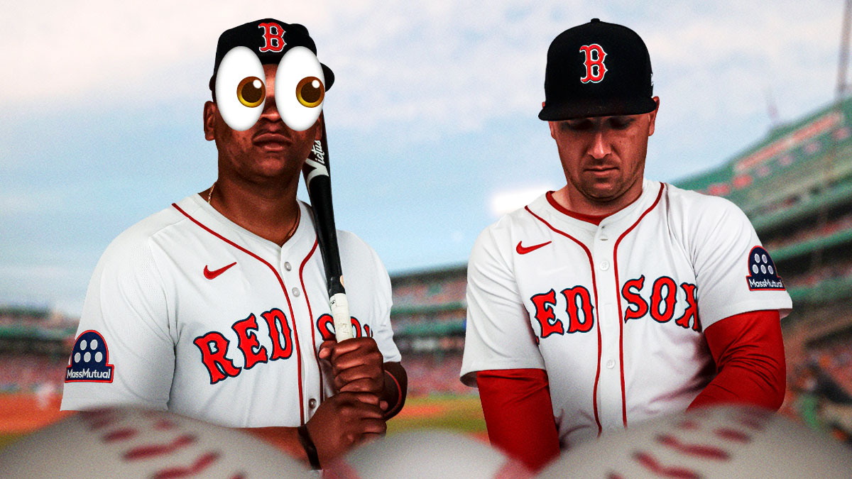 Alex Bregman on one side, Rafael Devers on the other side with the big eyes emoji over his face