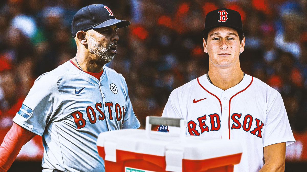 Alex Cora on one side, a silhouette of Roman Anthony on the other side with an injury kit in front of him