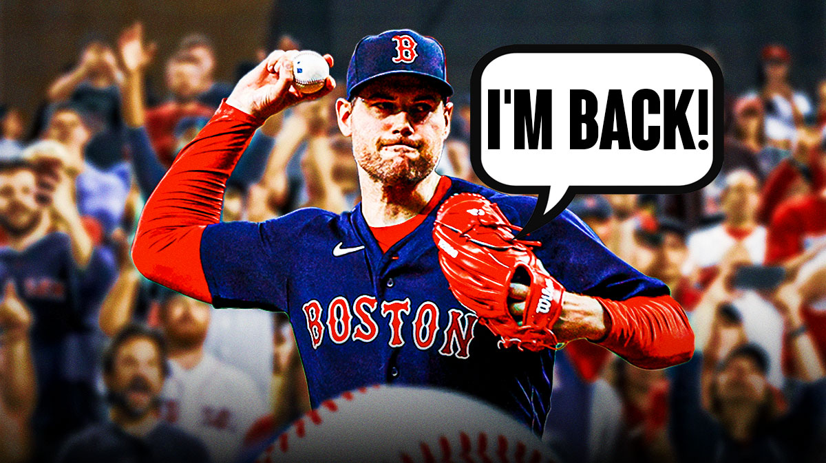Adam Ottavino on one side in a Boston Red Sox uniform with a speech bubble that says "I'm back!" a bunch of Boston Red Sox fans on the other side with the big eyes emoji around them