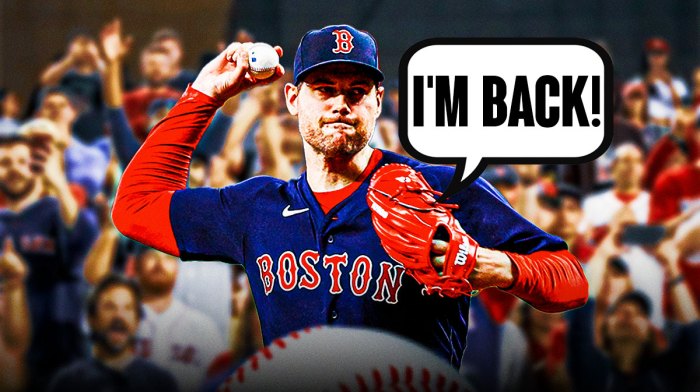 Adam Ottavino on one side in a Boston Red Sox uniform with a speech bubble that says "I'm back!" a bunch of Boston Red Sox fans on the other side with the big eyes emoji around them