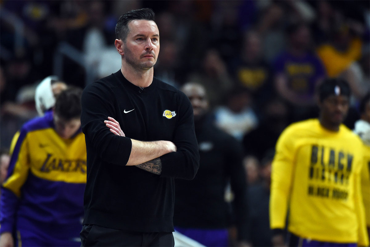 Los Angeles Lakers head coach JJ Redick looks at the second half against Denver Nuggets in Ball Arena.