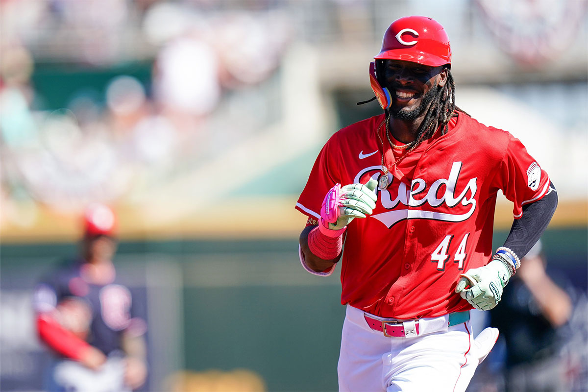 Cincinnati Reds shortstop Elly De La Cruz (44) runs the field after a home run in the first inning of a Cactus League game between the Cincinnati Reds and Cleveland Guardians