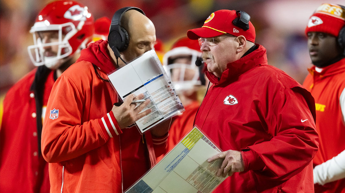 Kansas City Chiefs offensive coordinator Matt Nagy (left) and head coach Andy Reid against the Buffalo Bills during the AFC Championship game at GEHA Field at Arrowhead Stadium.
