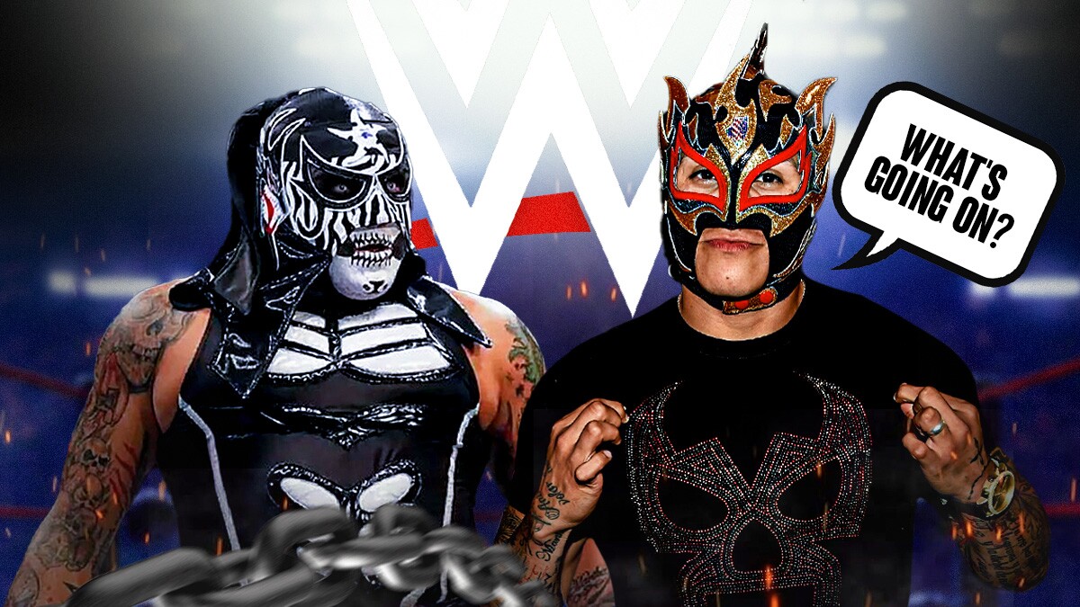 Rey Fenix with a text bubble reading "What's going on?" next to WWE's Penta inside a WWE wrestling ring.