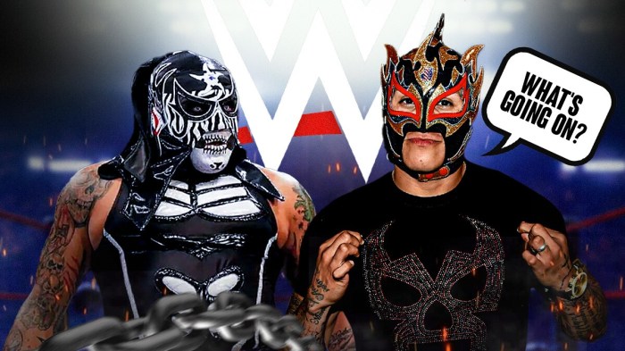 Rey Fenix with a text bubble reading "What's going on?" next to WWE's Penta inside a WWE wrestling ring.