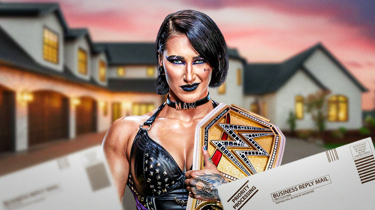 WWE Superstar Rhea Ripley with a house background and fan mail letters around her.