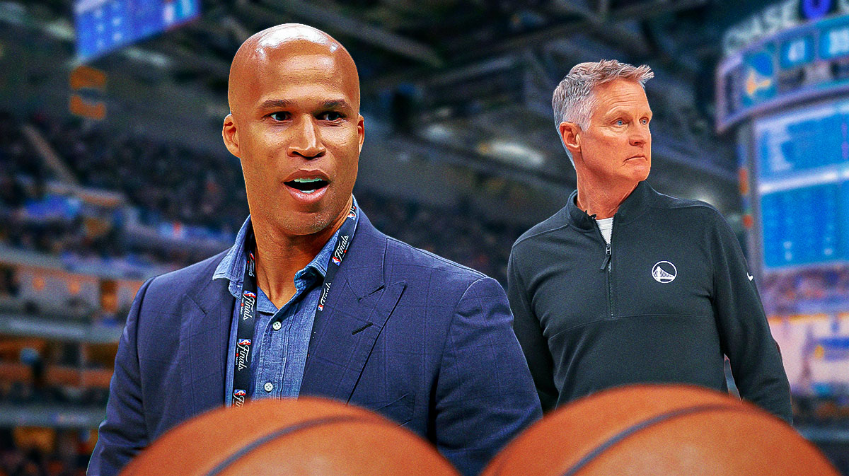 Richard Jefferson and Golden State Warriors head coach Steve Kerr in front of the Chase Center.