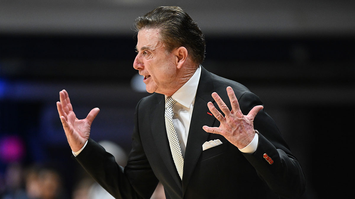 St. John's Red Storm head coach Rick Pitino reacts after a play during the second half against the Butler Bulldogs at Hinkle Fieldhouse.