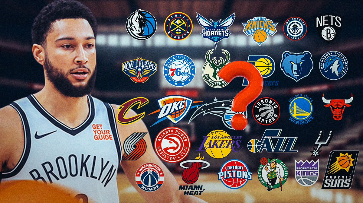 Ben Simmons with the NBA team logos and question marks in the background