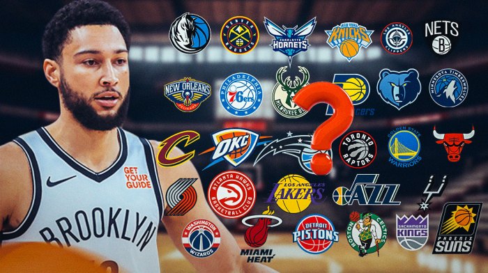 Ben Simmons with the NBA team logos and question marks in the background