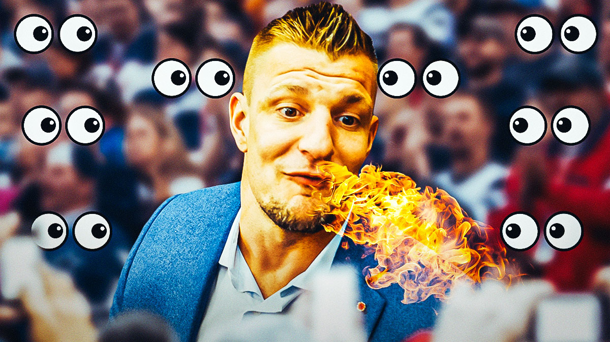 Rob Gronkowski on one side breathing fire, a bunch of football fans on the other side with the big eyes emoji over their faces