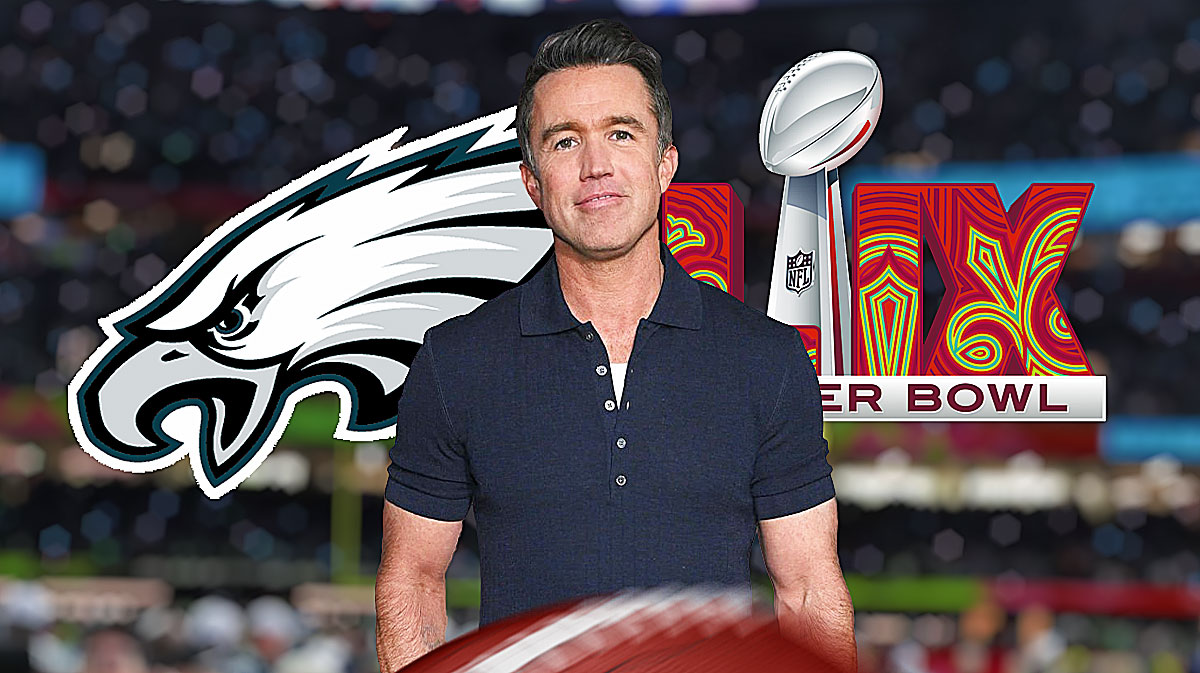 Rob McElhenney, Chiefs, Eagles, Eagles Chiefs, Super Bowl, Rob McElhenney with Eagles logo and this year's Super Bowl logo on graphic, football related background