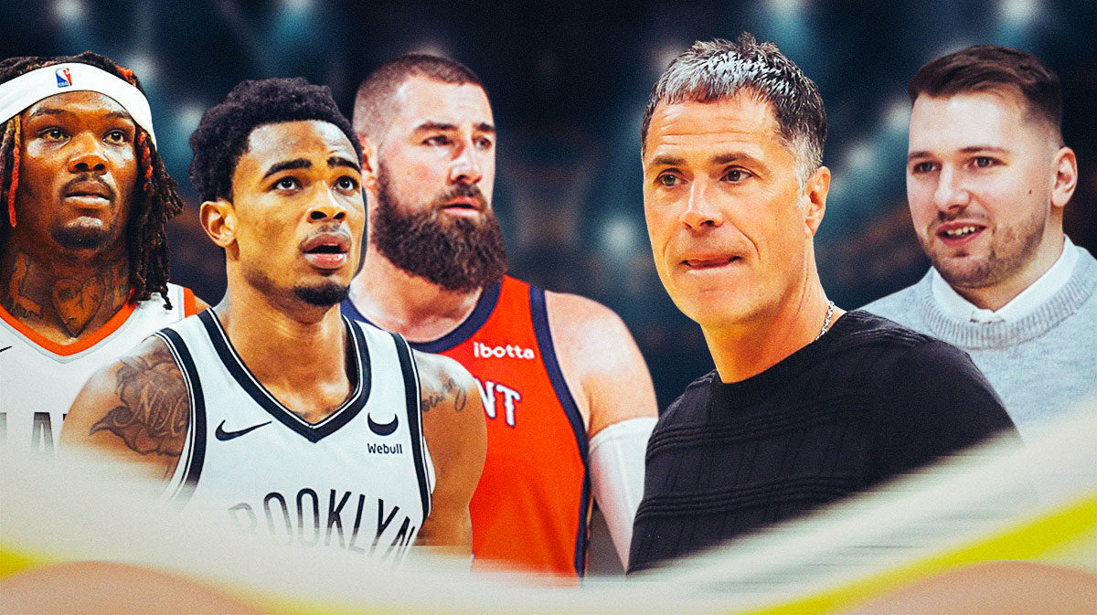 Rob Pelinka and Luka Doncic on one side with Robert Williams, Nic Claxton, and Jonas Valanciunas on the other