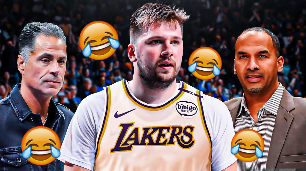 Lakers Rob Pelinka on one side, Mavericks' Nico Harrison on the other with Luka Doncic in a Lakers jersey in the middle and laughing emojis all around.