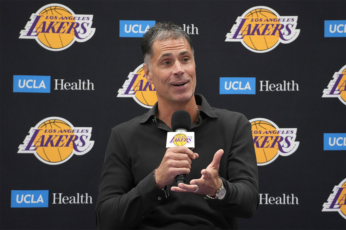 Los Angeles Lakers general manager Rob Pelinka at press conference at UCLA Health Training Center.