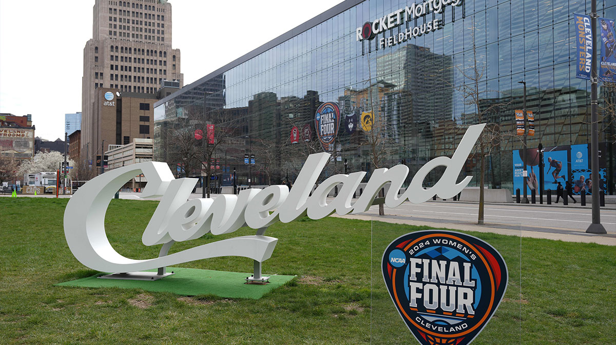 Letters in Cleveland and Final Four NCAA logos on a missile mortgage field.