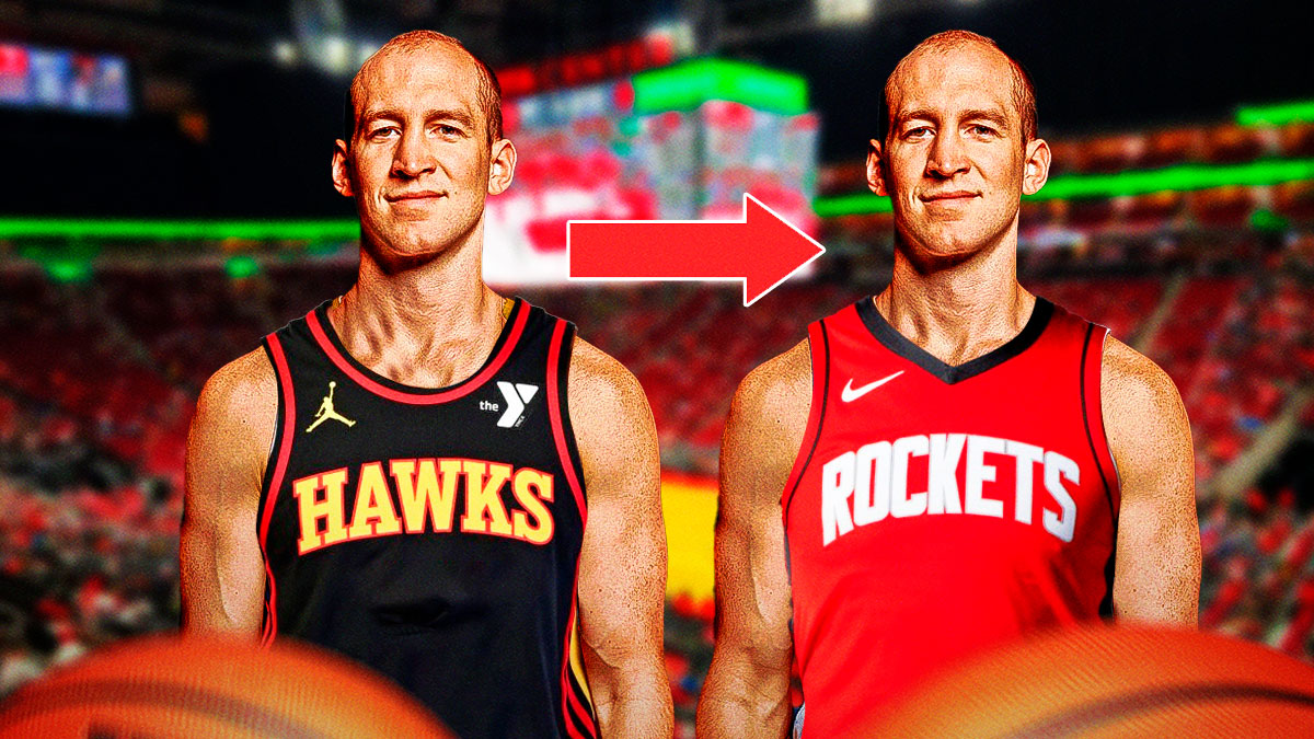 Cody Zeller on one side in an Atlanta Hawks jersey with an arrow pointing to Cody Zeller in a Houston Rockets jersey on the other side