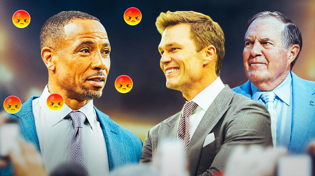 Rodney Harrison with angry emojis, with Brady and Belichick in background