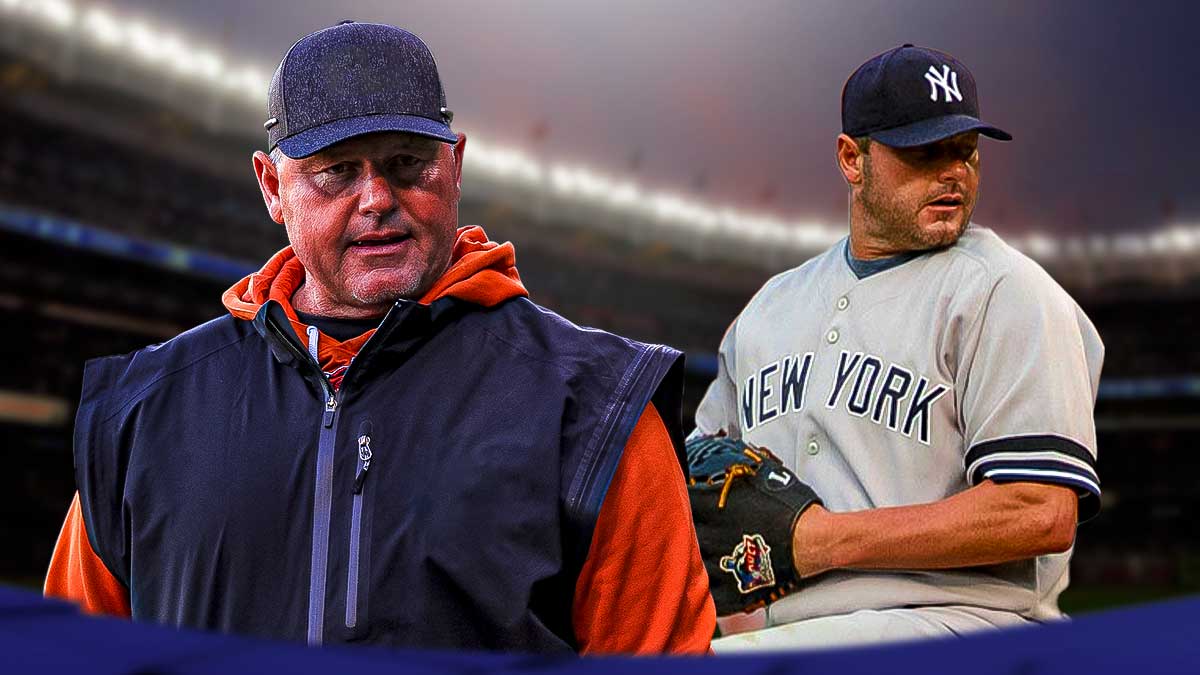 Rogers Clemens during his MLB career with the Yankees on the left, Roger Clemens now on the right, inside Yankee Stadium