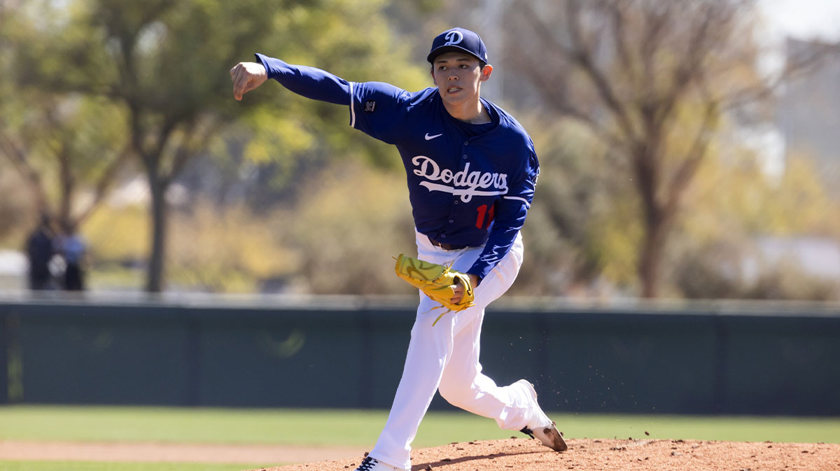 Los Angeles Dodgers pitcher Roki Sasaki (11) during workouts at Camelback Ranch-Glendale.